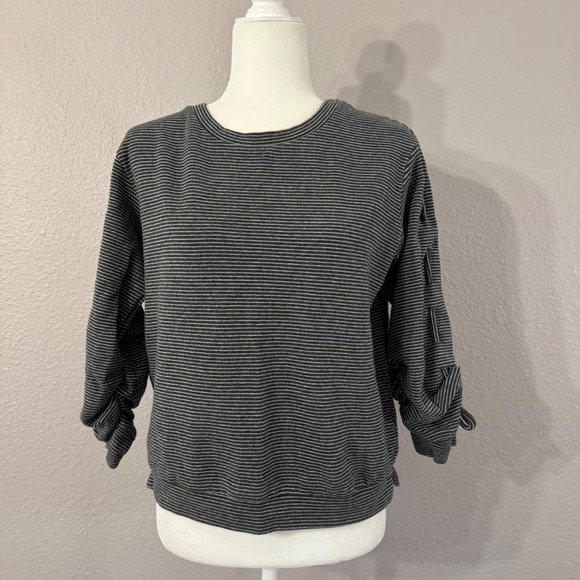 Skies Are Blue Women's Size S Black Striped Rouched Bow Sleeve Sweatshirt - Picture 2 of 9